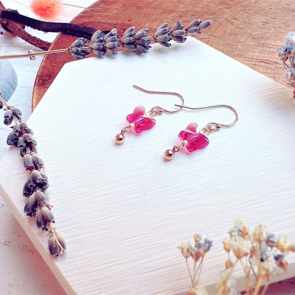 14k Gold-Filled Crystal Butterfly Earrings with Mini Bead Charm | Handmade in BC
